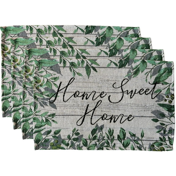 Set of 4, Green Leaf with Home Sweet Home Tapestry Placemats for Kitchen Dining Table Mats, Easy to Clean, Machine Washable. Size: 13" x 19".
