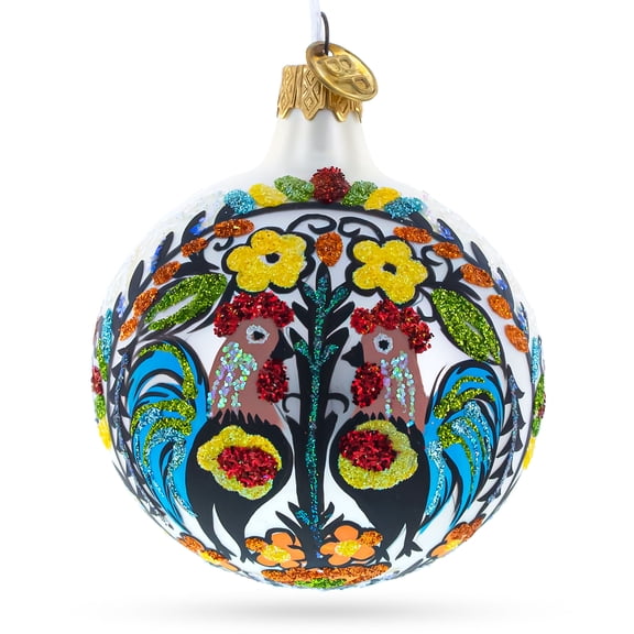 Ukrainian Petrykivka Painting Glass Ball Christmas Ornament 4 Inches