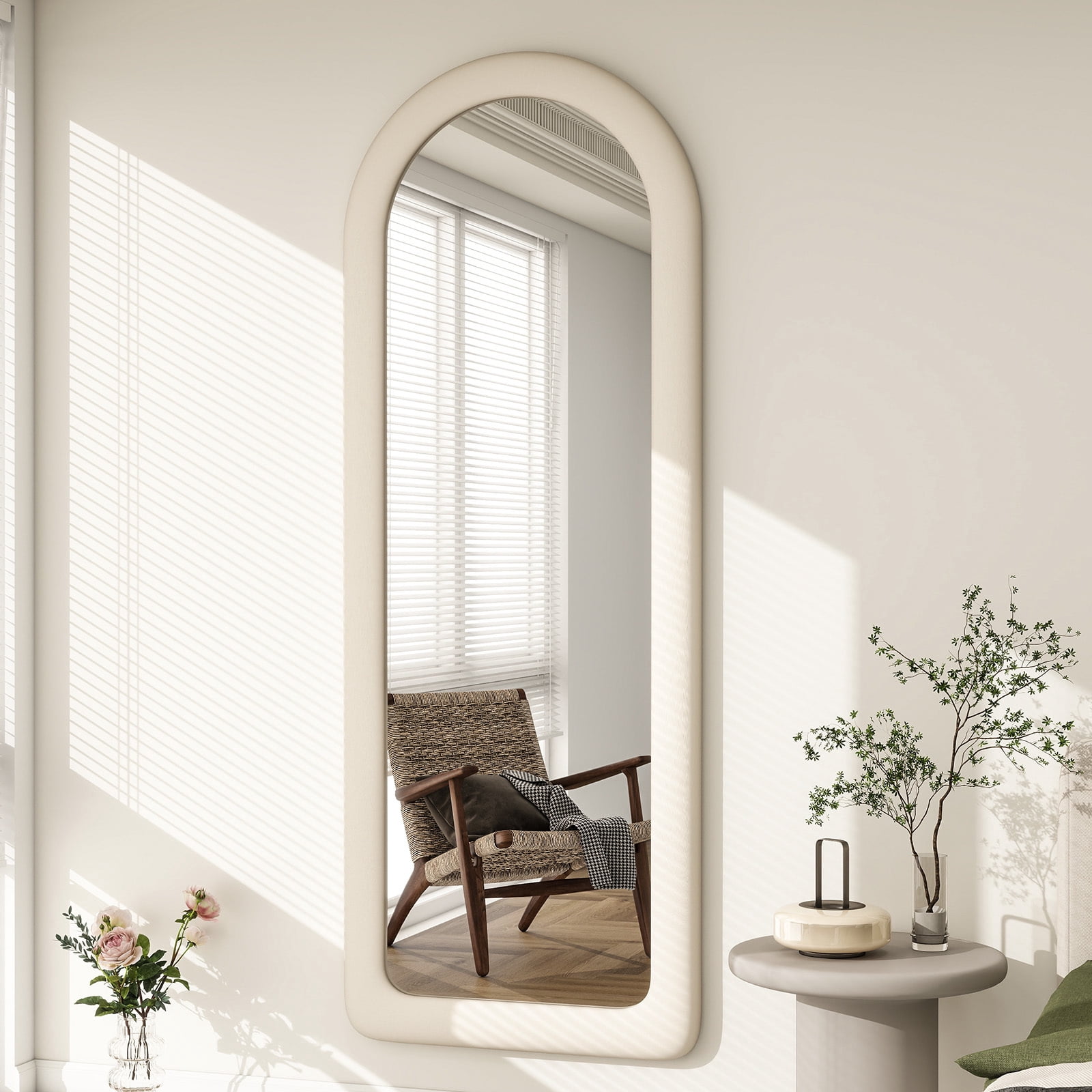 Anyrose 63"x24" Arch-Top Floor Mirror Round-Edge With Thick Flannel Frame, White