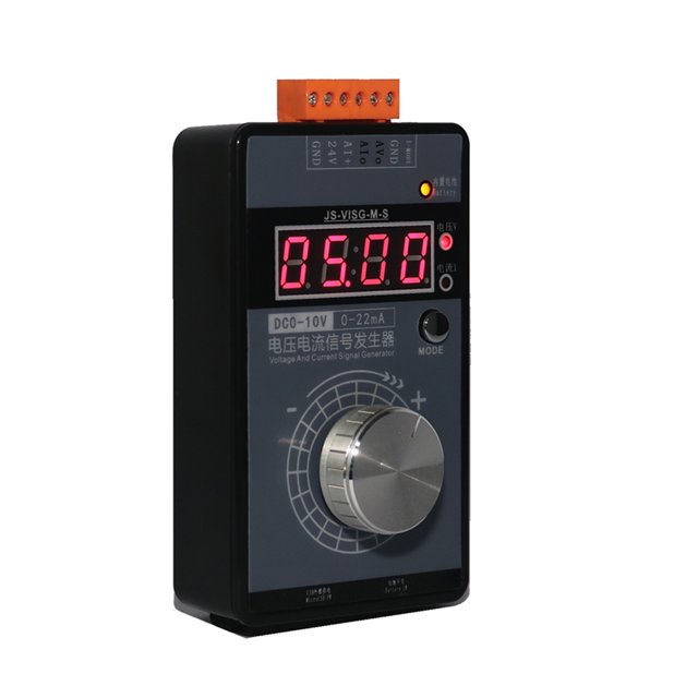 Generador de señales portátil de alta precisión con salida de 0-10V y 0-22mA, pantalla LED brillante, batería recargable y diseño compacto para calibración y pruebas.