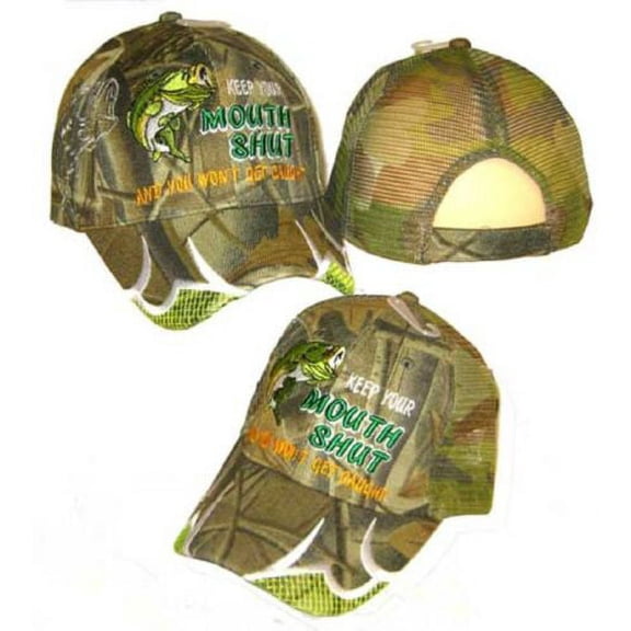 BASS FISHING FISHERMAN KEEP YOUR MOUTH SHUT BASEBALL CAP MESH BACK ( CAMO )