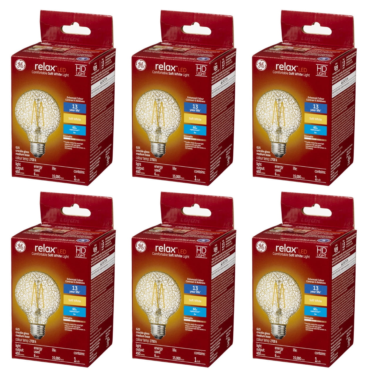 (case of 6) GE Lighting relax LED HD Soft White LED Decorative Crackle Glass G25 Globe, 6 watt, 450 lumen, medium base, Dimmable LED Light bulb
