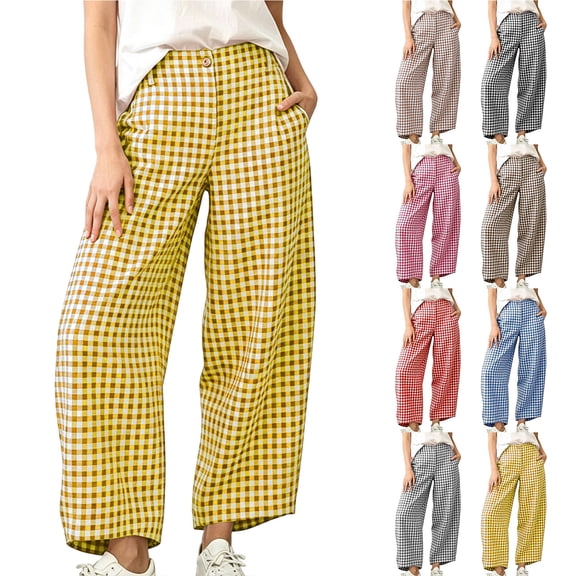 Chiccall High Waist Gingham Barrel Cropped Pants for Women Fashion Button Plaid Wide Leg Casual Pocket Trousers