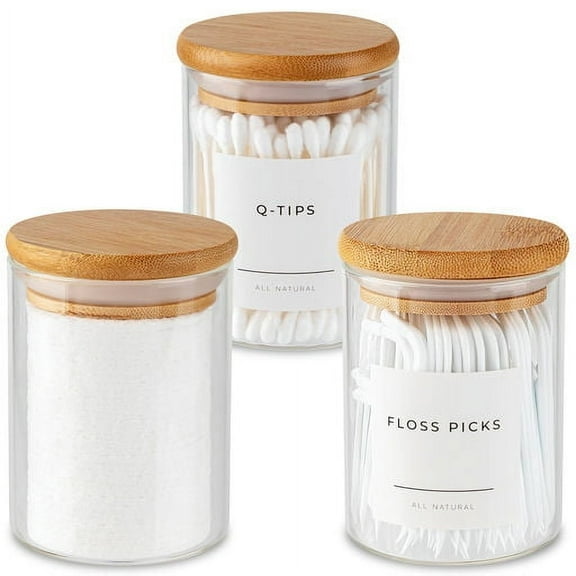 Vase and Vessel Mini Glass Apothecary Jars with Bamboo Lids, Set of 3, 10 oz