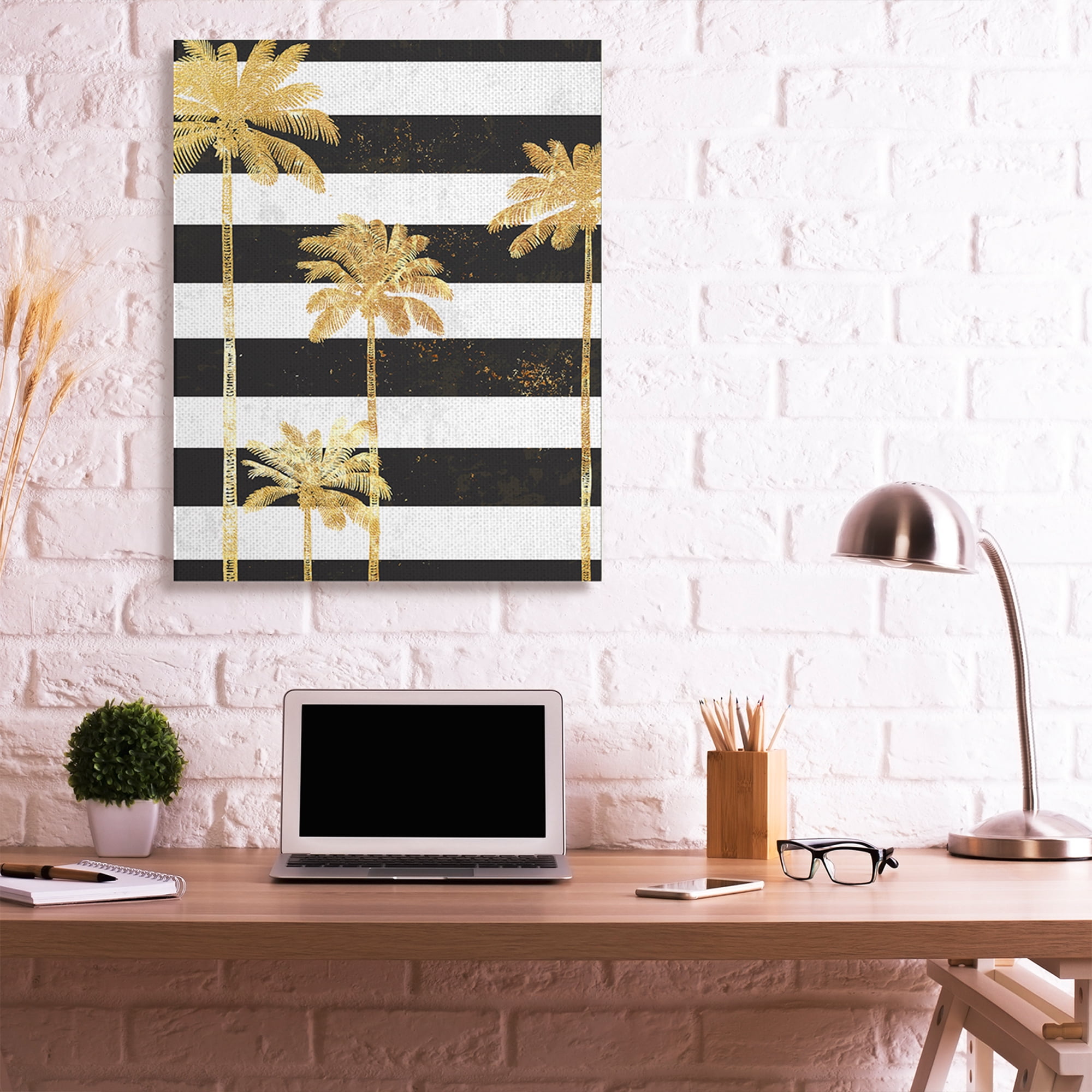 Stupell Industries Golden Palm Trees Bold Black White Stripes Canvas Wall Art by Ziwei Li