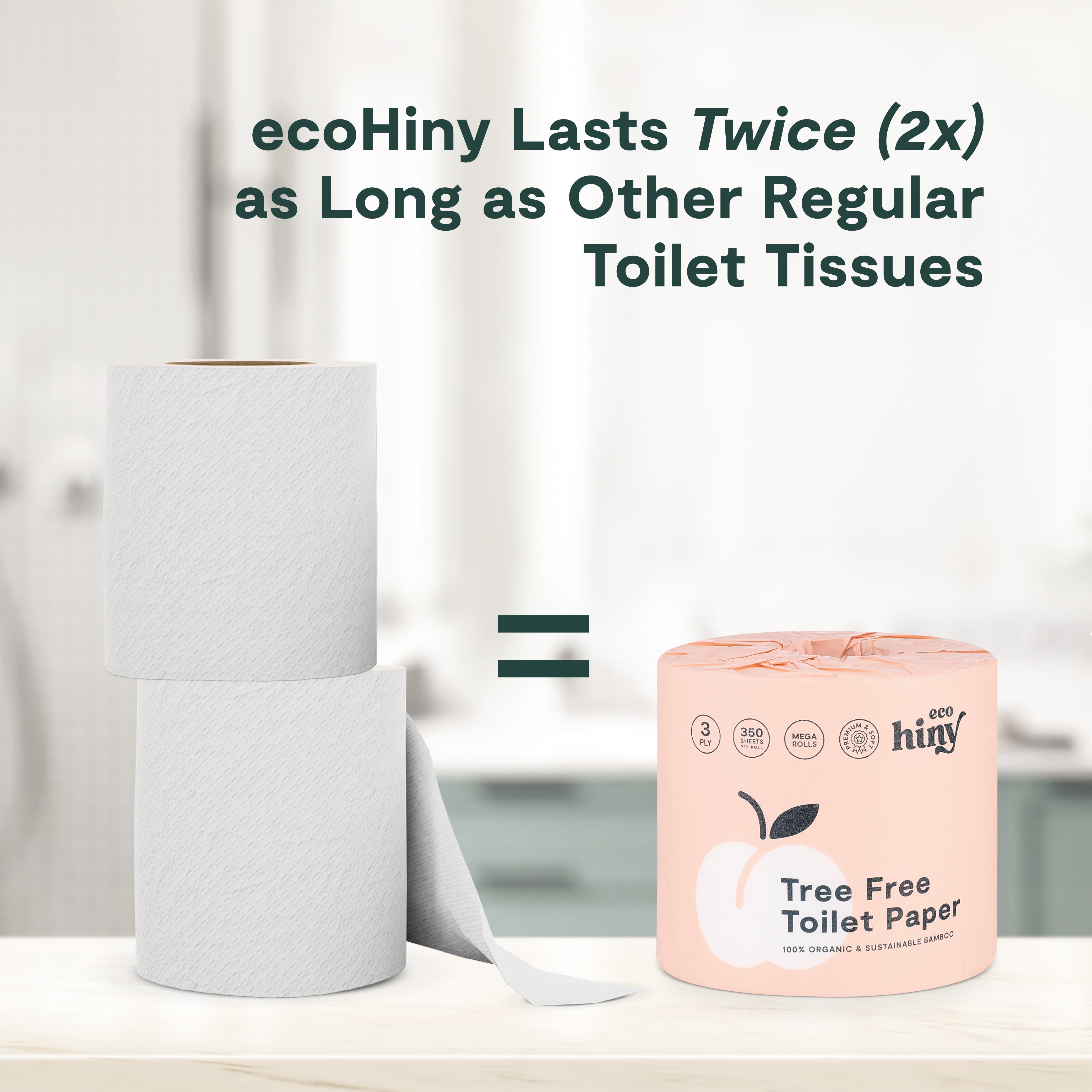 ecoHiny Premium & Soft Bamboo Toilet Paper | 12 Mega Rolls, 3 Ply & 350 Sheets | Tree Free Toilet Tissues | Plastic Free Packaging