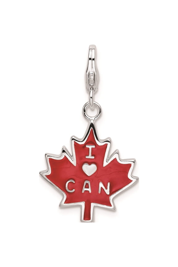 Sterling Silver Ss Rh 3-D Enameled I Love Can Maple Leaf With Lobster Clasp Charm (38 X 16) Made In China qcc570