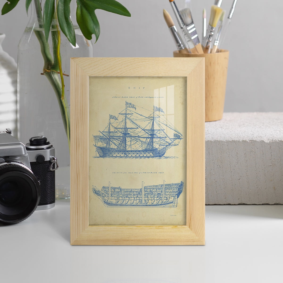 Vintage Ship Blueprint -Framed Print w/glass-Natural Wood