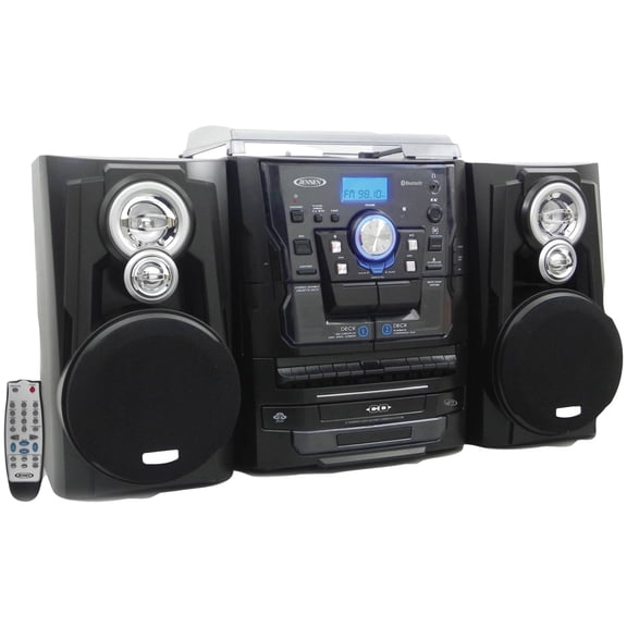 JENSEN 10-Watt 3-Speed Belt-Drive Manual Turntable with External Speakers, Bluetooth, 3 CD Changer, Dual Cassette Deck, AM/FM, and 45-RPM Adapter