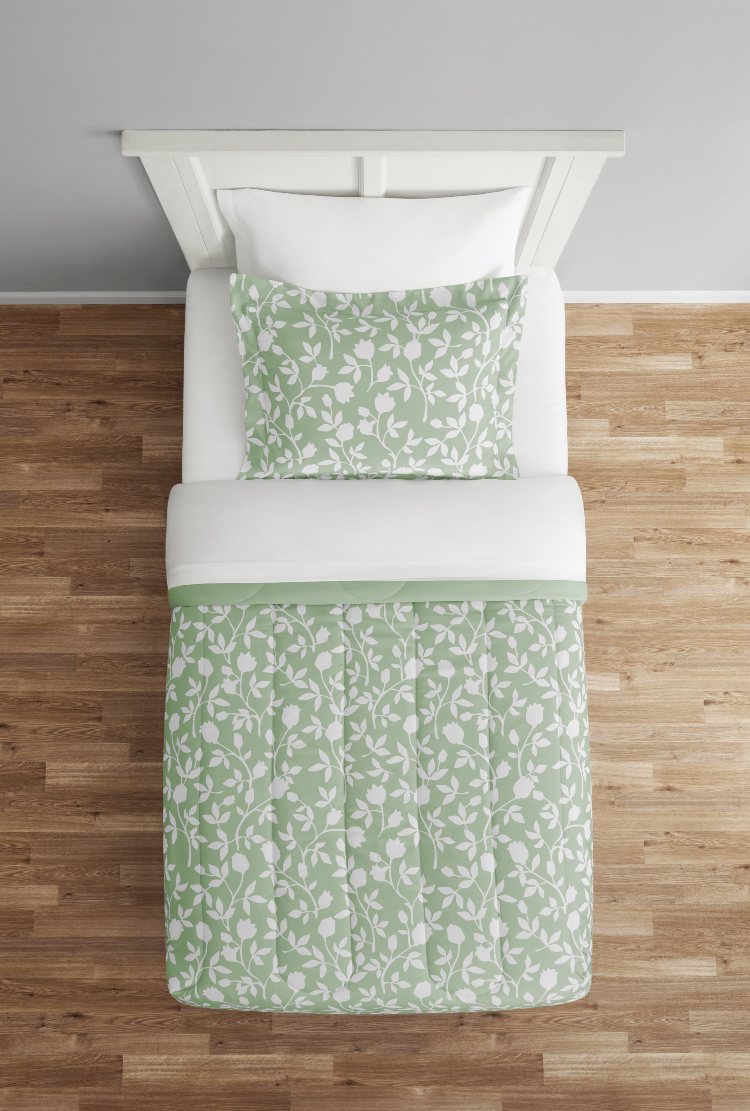 Mainstays 5 Piece Reversible Bed in a Bag Comforter Set with Sheets, Green Floral, Twin-XL