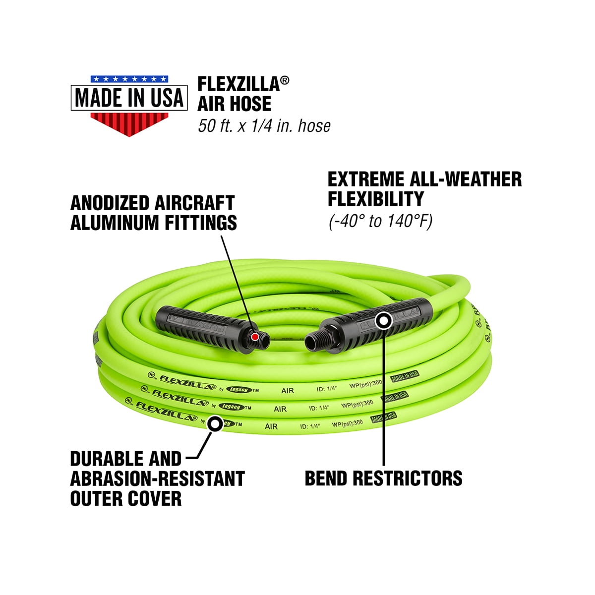 Flexzilla Air Hose, 1/4" x 50', 1/4" MNPT Fittings, ZillaGreen