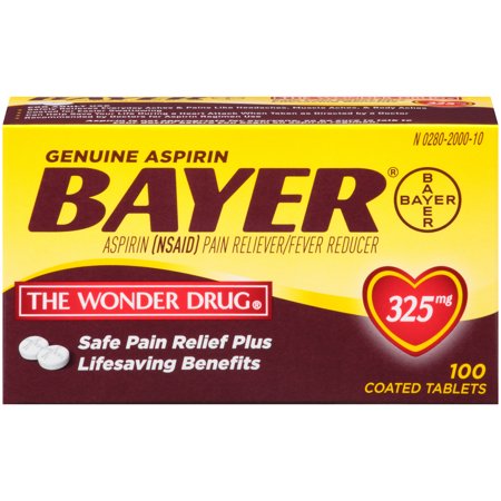 Genuine Bayer Aspirin Pain Reliever / Fever Reducer 325mg Coated Tablets, 100 (Best Aspirin For Heart)