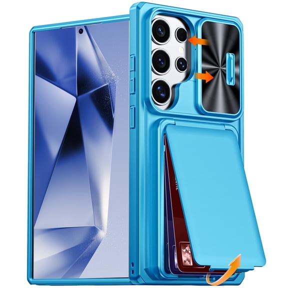 Dteck Hidden Kickstand for Samsung Galaxy S26 Ultra Case with Slide Camera Lens Cover, Shockproof TPU PC Protective Wallet with Card Slot RFID Blocking Cover for Galaxy S26 Ultra ,Blue