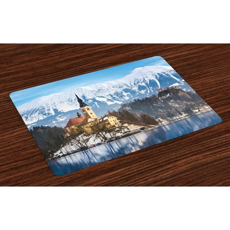 Winter Placemats Set of 4 Lake Bled in Slovenia Scenes from Europe Travel Destination Ancient Places Photo, Washable Fabric Place Mats for Dining Room Kitchen Table Decor,Multicolor, by
