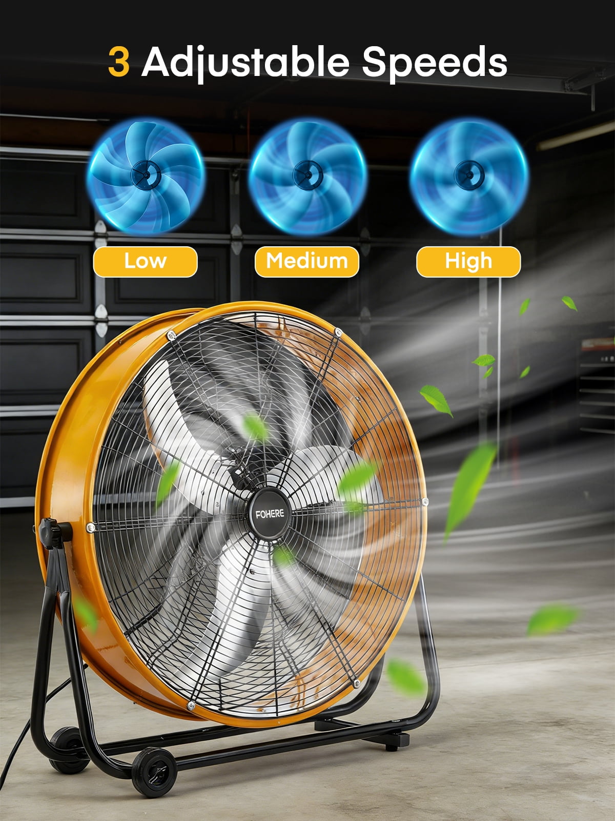 FOHERE 24 Inch High Velocity Industrial Drum Fan, 8500 CFM Heavy Duty Metal Floor Fan with Wheels, 360° Tilt 3-Speed Shop Fan, Portable Barn Fan with Wide Handle for Warehouse, Garage, Factory, Gym