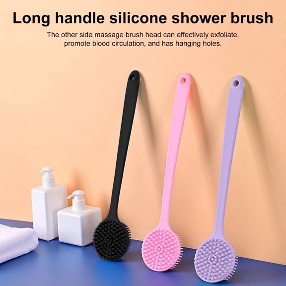 Silicone Back Scrubber for Shower - Double-Sided Bath Brush with Extra-Long Handle,Exfoliating Body Brush for Bathing and Skincare( 1 Purple)
