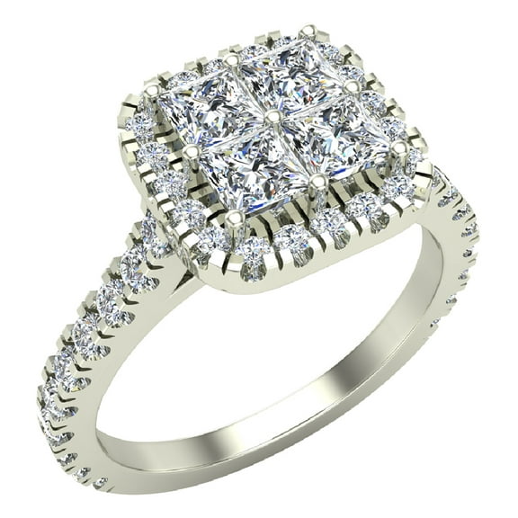 Princess Cut Quad Accented Diamond Wedding Ring Set Cathedral Shank 1.40 carat total weight 18K White Gold (G,SI)