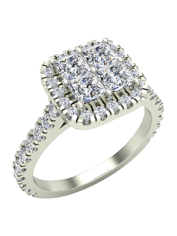 Princess Cut Quad Accented Diamond Wedding Ring Set Cathedral Shank 1.40 carat total weight 14K White Gold