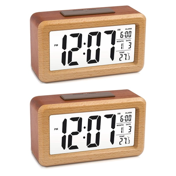 2X Reloj Despertador Digital LED Grande de Madera, Luz con Sensor Inteligente con Repetición, Fecha, Temperatura, Conmutable de 12/24 Horas