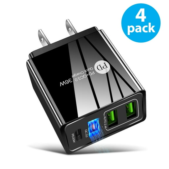 4-Pack USB Wall Charger Block, 4-Port Charging Block, QC 3.0 Fast USB Wall Plug for Phone Xs/XS Max/XR/X/8/7/6, Tablets, Charging Cube with Google Pixel, HTC, Galaxy/Note/Edge, LG, Nexus, and More