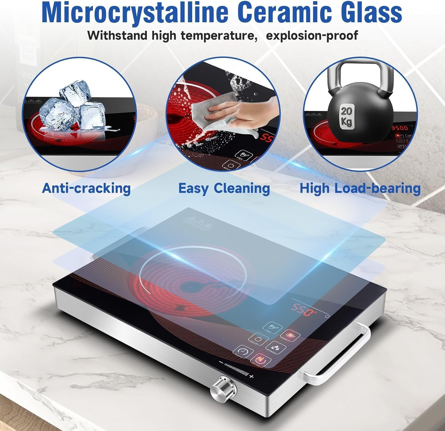 TYEMUI Electric Hot Plate Single Burner for Cooking, Portable Countertop Free Standing Stove Single Burner, 2200 watts Glass Ceramic Cooktop with Timer