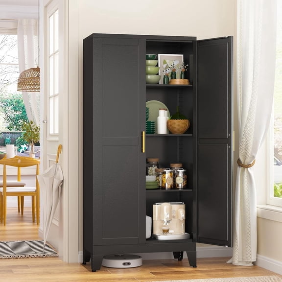 JESIN Metal Utility Storage Cabinet with 2 Doors & 3 Adjustable Shelves, Black Pantry Cabinet for Kitchen, Laundry Room Storage