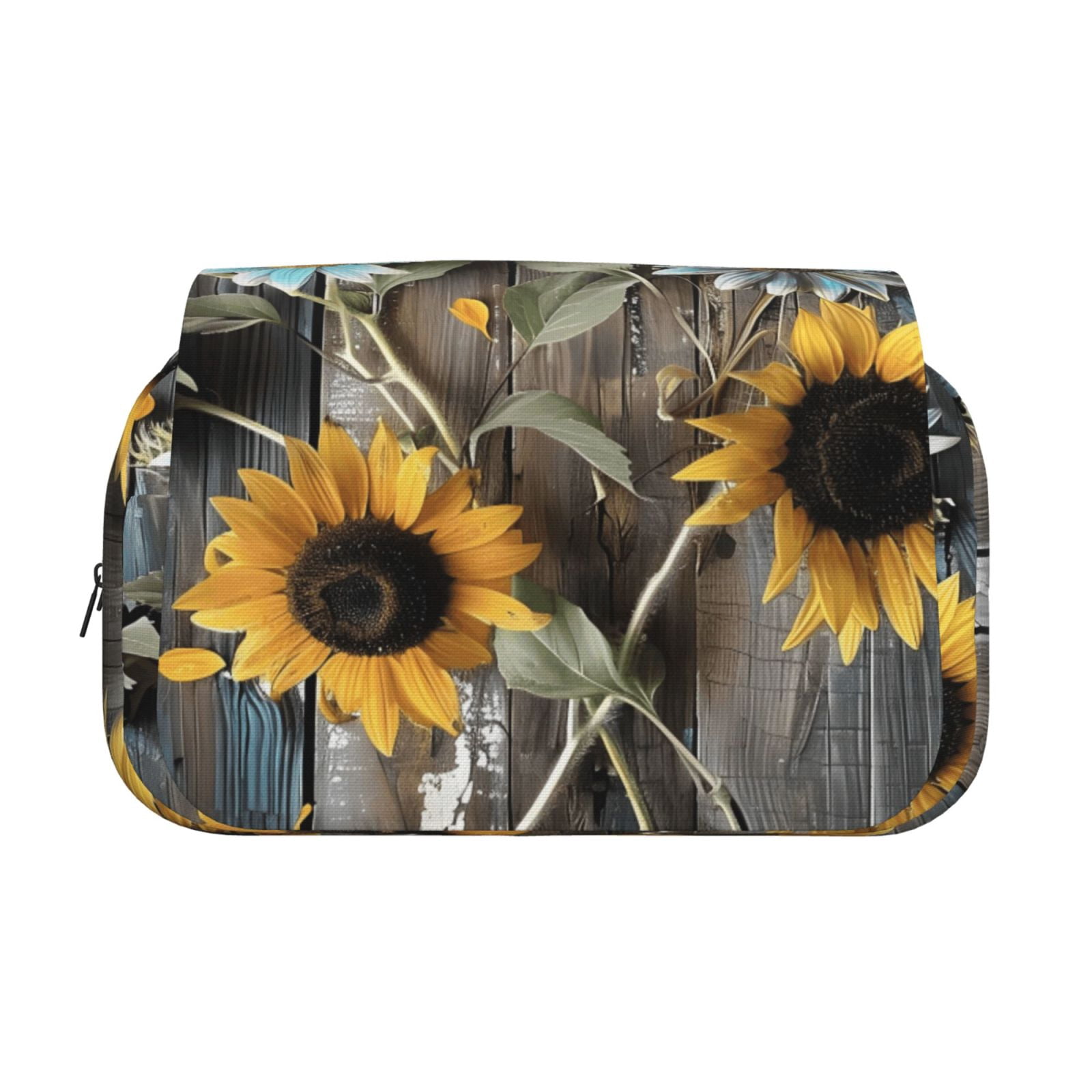 Large-Capacity Flip-Top Double-Layer Pencil Case, Multi-Functional Pocket Pen Case, Durable Stationery Organizer Turquoise Wood Farmhouse Sunflowers (1)