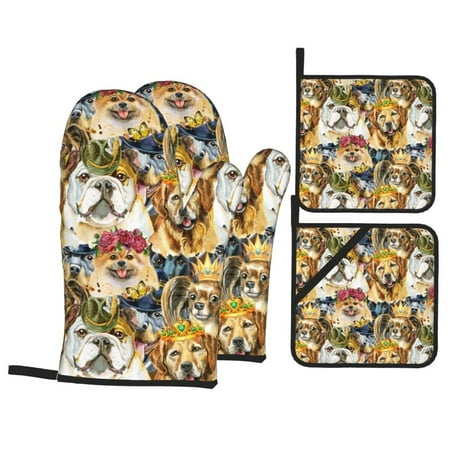 

Oven Mitts and Pot Holders Sets 4 pcs - Watercolor Dogs Heat Resistant Silicone Oven Gloves with Non-Slip Silicone Surface and hot pads for kitchen Baking Cooking BBQ
