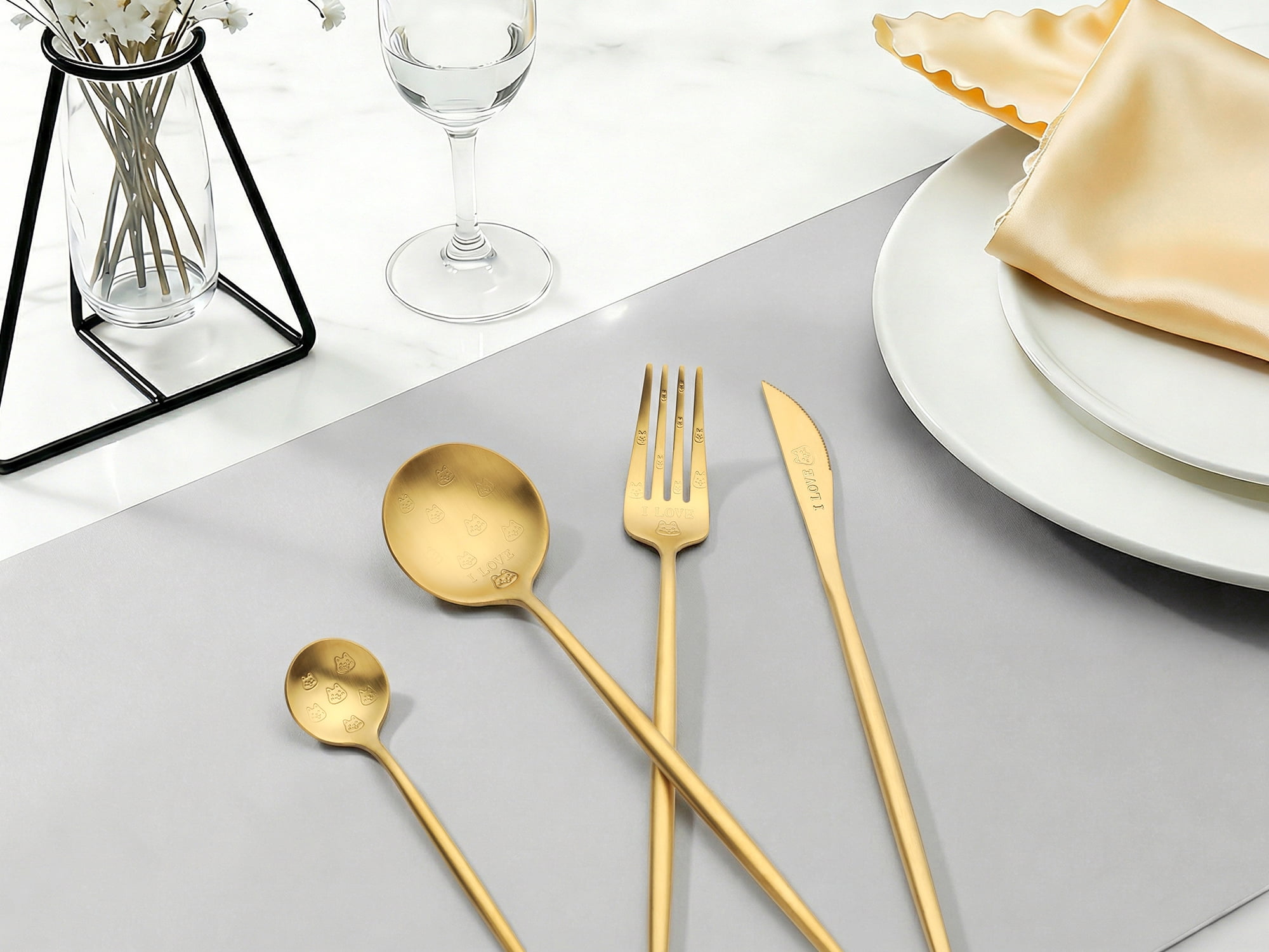 Unique Bargains 4 Piece Stainless Steel Floral Flatware Modern Cutlery Set Gold 4