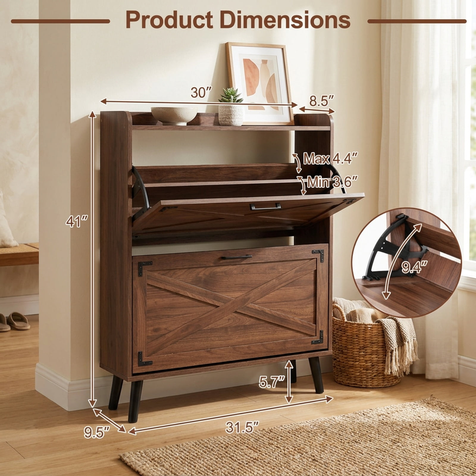 Furnibear Narrow Shoe Cabinet with 2 Flip Drawers Adjustable Removable Shelves and Barn Door Accents for Entryway and Hallway, Brown