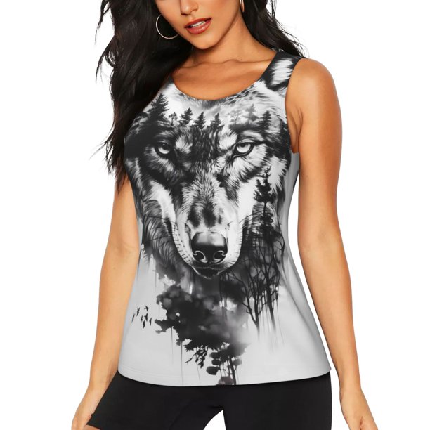 Fotbe Majestic Wolf Landscape Blusas Sin Mangas para Mujer – Estilo Casual, Corte Suelto, Slim-Fit, Cuello Redondo Deportivo, Tops de Verano para Gimnasio y Yoga-XX-Large
