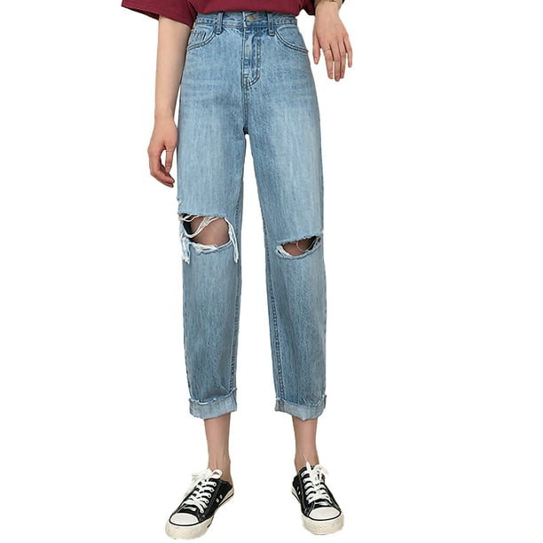 Faldgruber alene hane Women's High Waisted Ripped Knee Frayed Bottom Boyfriend Jeans - Walmart.com