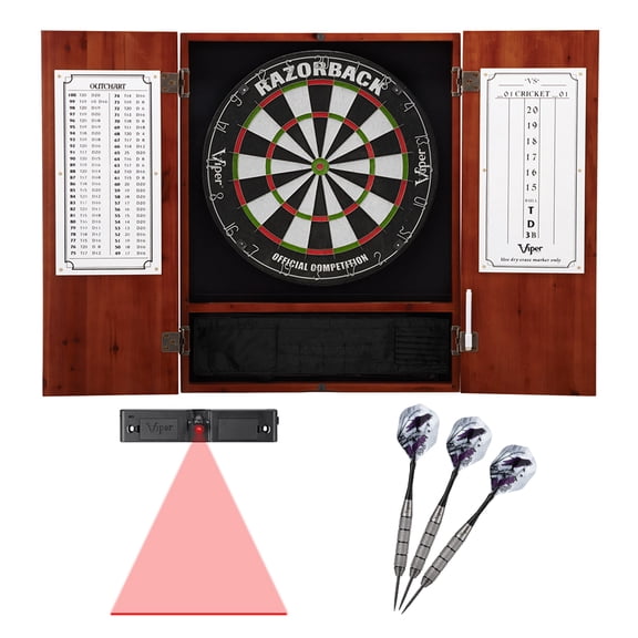 Viper Metropolitan Cinnamon Steel Tip Dartboard Cabinet, Viper Razorback Sisal Dartboard, Viper Underground Raven Steel Tip Darts 25 Grams, and Throw Line Light