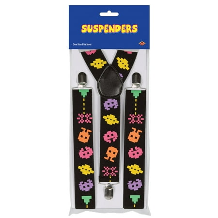Club Pack of 12 Multi-Colored 80's Pixelated Character Adjustable Suspender Costume Accessories