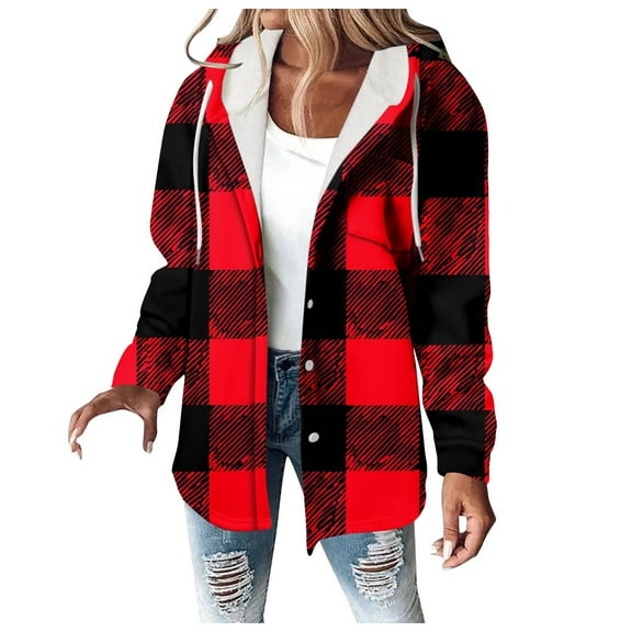 Christmas Flannel Jackets for Women Button-up Plaid Shirt Jackets Drawstring Long Sleeve Hooded Sweatshirt with Pockets