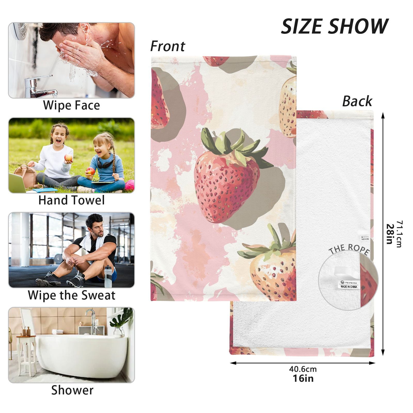 Print Strawberrys Hand Towels Cotton Bath Towels Large Face Towels Absorbent for Bathroom 2 Packs