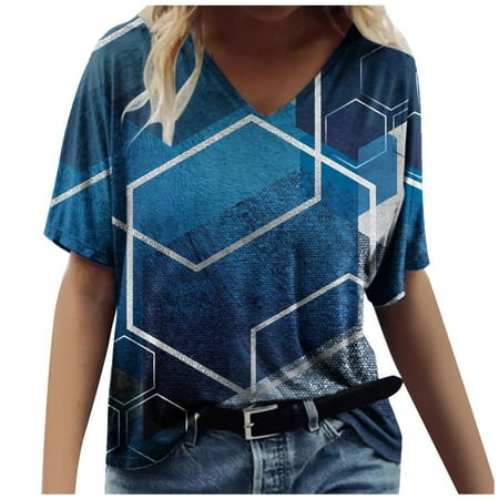 

Womens Blouses And Tops Dressy Women s Casual Round-Neck Printed T-Shirt Loose Short Sleeve Tops Blouse Summer Tops Sky Blue L