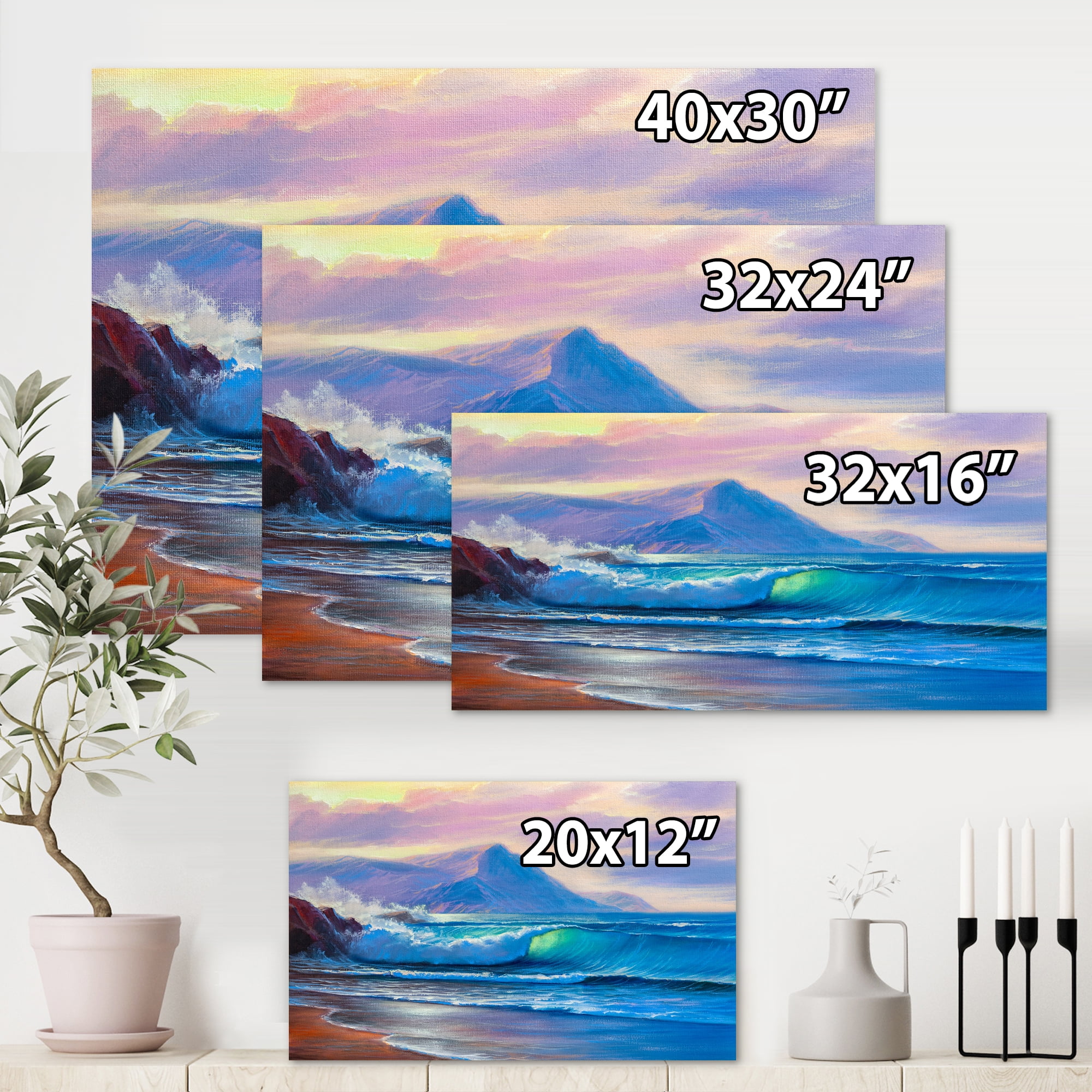 Designart ' Blue Waves Breaking At The Beach Landscape I ' Nautical & Coastal Canvas Wall Art Print