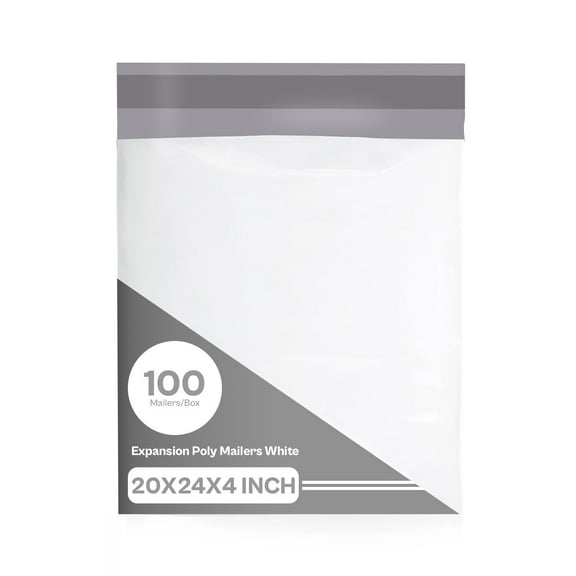 PSBM White Expansion Poly Mailers 20" x 24" 100 Pcs 3 Mil Tamper and Water Resistant Gusset Bags for Mailing Large Items