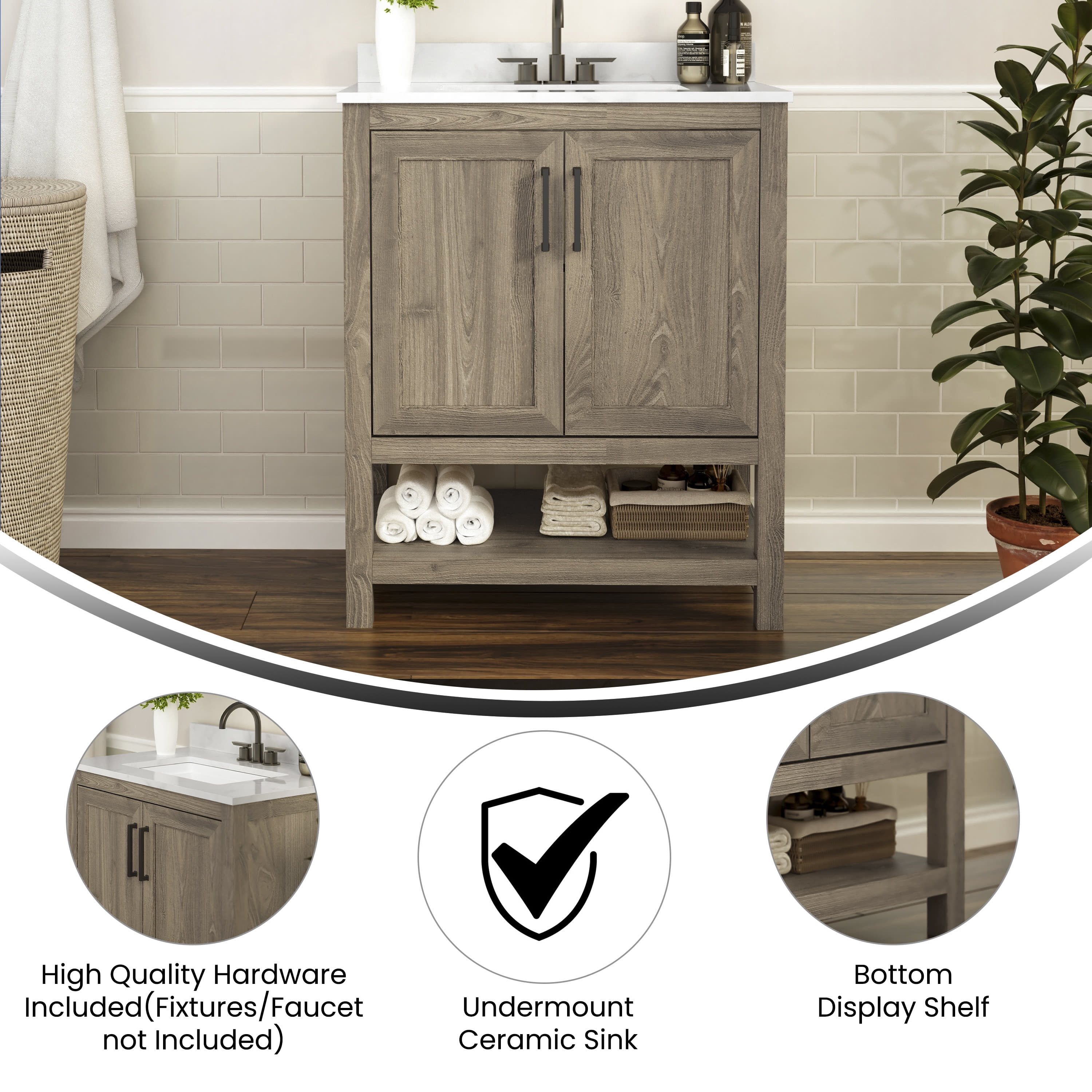 BizChair 30 Inch Bathroom Vanity with Sink Combo, Storage Cabinet with Soft Close Doors and Open Shelf, Carrara Marble Finish Countertop, Brown/White