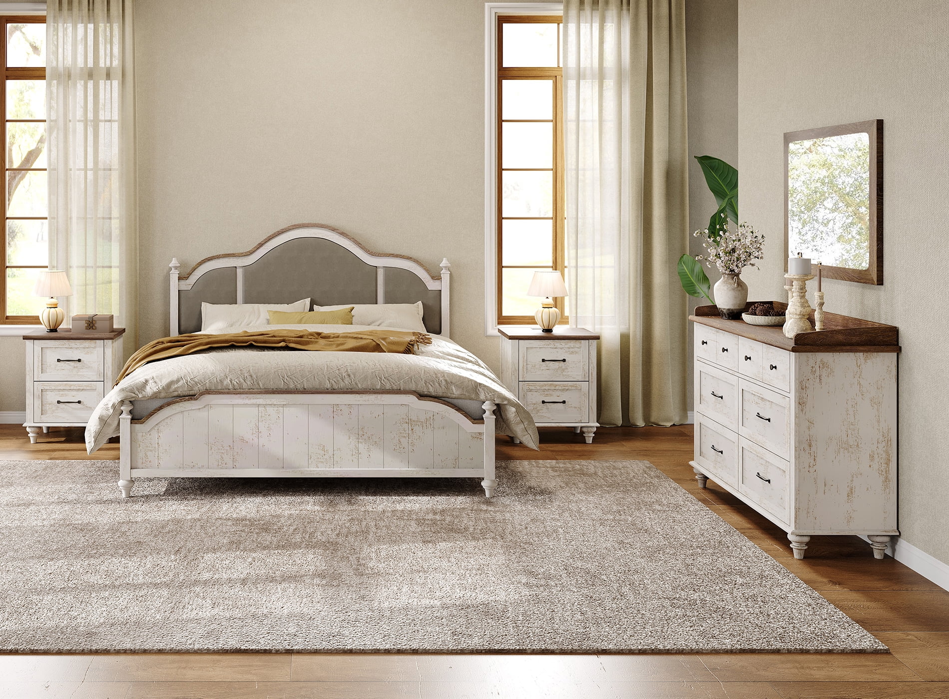 3 Piece Dresser and Nightstand Sets, Farmhouse Dresser with 6 Drawers, Set of 2 Night Stands with Charging Staion, 3 Piece Bedroom Set, Antique White
