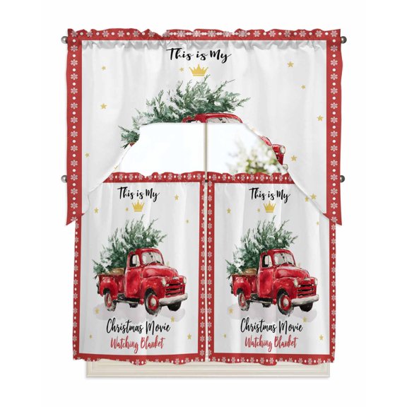 Red Christmas Truck Kitchen Curtains Swag Valance and Tier Curtains Set 36 Inch Length, Winter Xmas Trees Snowflake Holiday Rod Pocket Drape Panels Pair Swag Curtains for Bathroom/Cafe/Window