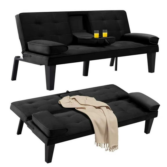 BSHTI 65" Modern Linen Futon Sofa Bed with Drop Down Cup Holders, 3-Position Adjustable Backrest, Removable Arm Cushions, Chrome Legs for Living Room & Guest Room Black