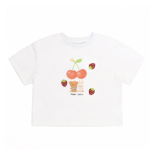 NIPAXO Girls Graphic T-Shirt Cute Cherry Bear Short Sleeve Crewneck Cotton Tee, Casual Summer Top for Girls 4-5Y (White