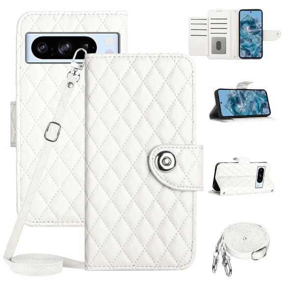 SaniMore Case for Google Pixel 8 Pro, PU Leather 3D Lattice Stylish for Girls Crossbody Lanyard Flip Kickstand Card Slots Cash Pocket Magnetic Clasp Full Body Protective Shockproof Wallet Shell, White