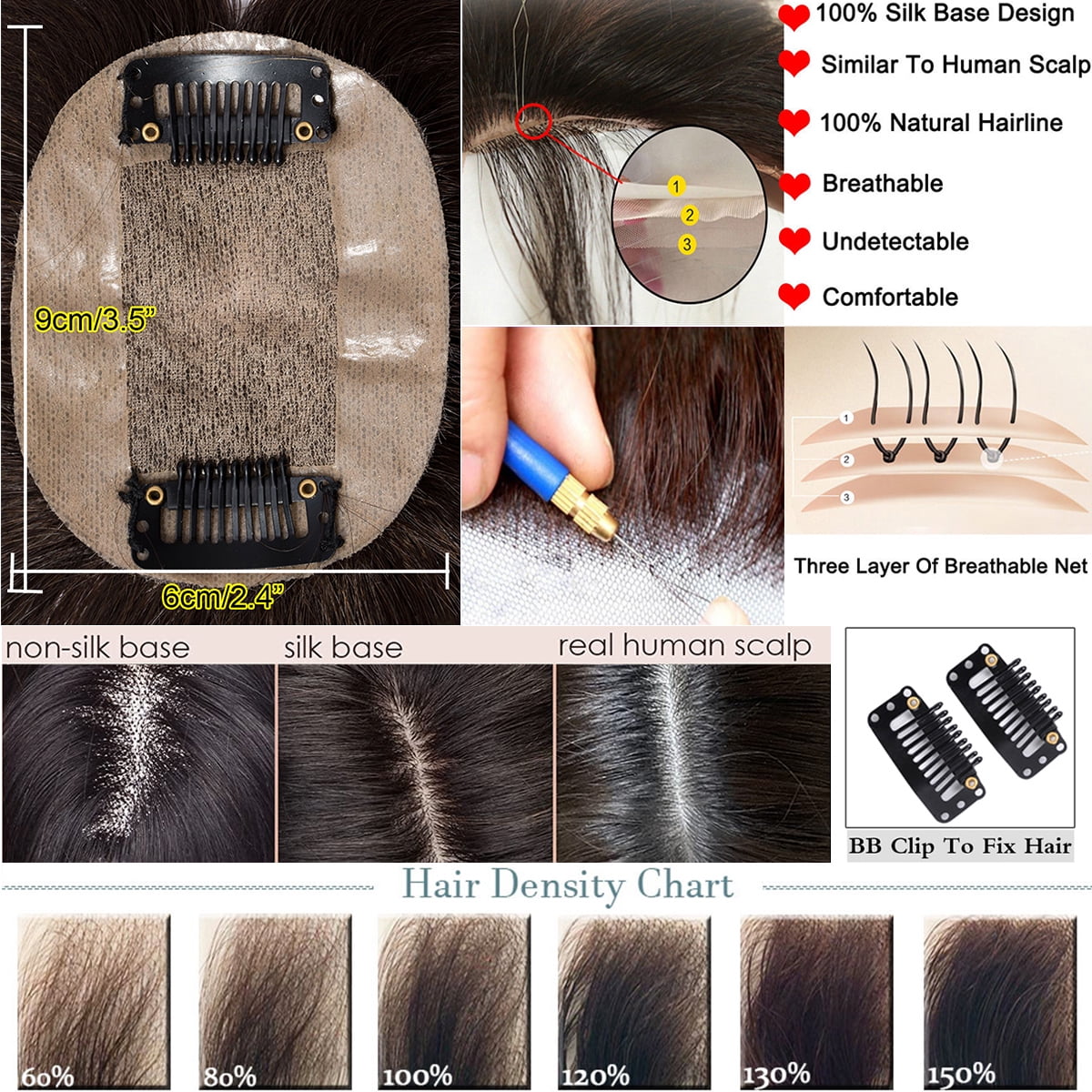 SEGO Clip in Hair Extensions Human Hair Toppers 100% Real Human Hair Silk Base Topper for Thinning Hair Natural Black Hair Pieces