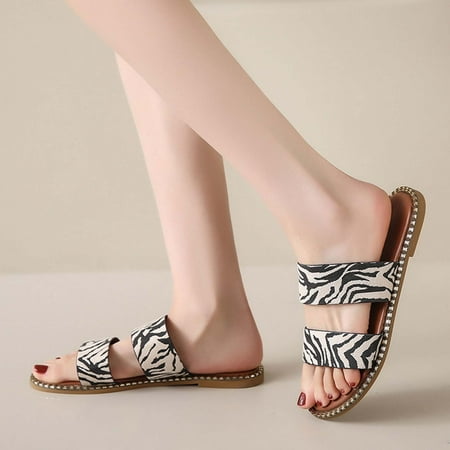 

Aoujea Comfortable Sandals for Women Casual Beach s Fashion Flat Bottom Slippers Round-toe Print Casual Slippers Black 9