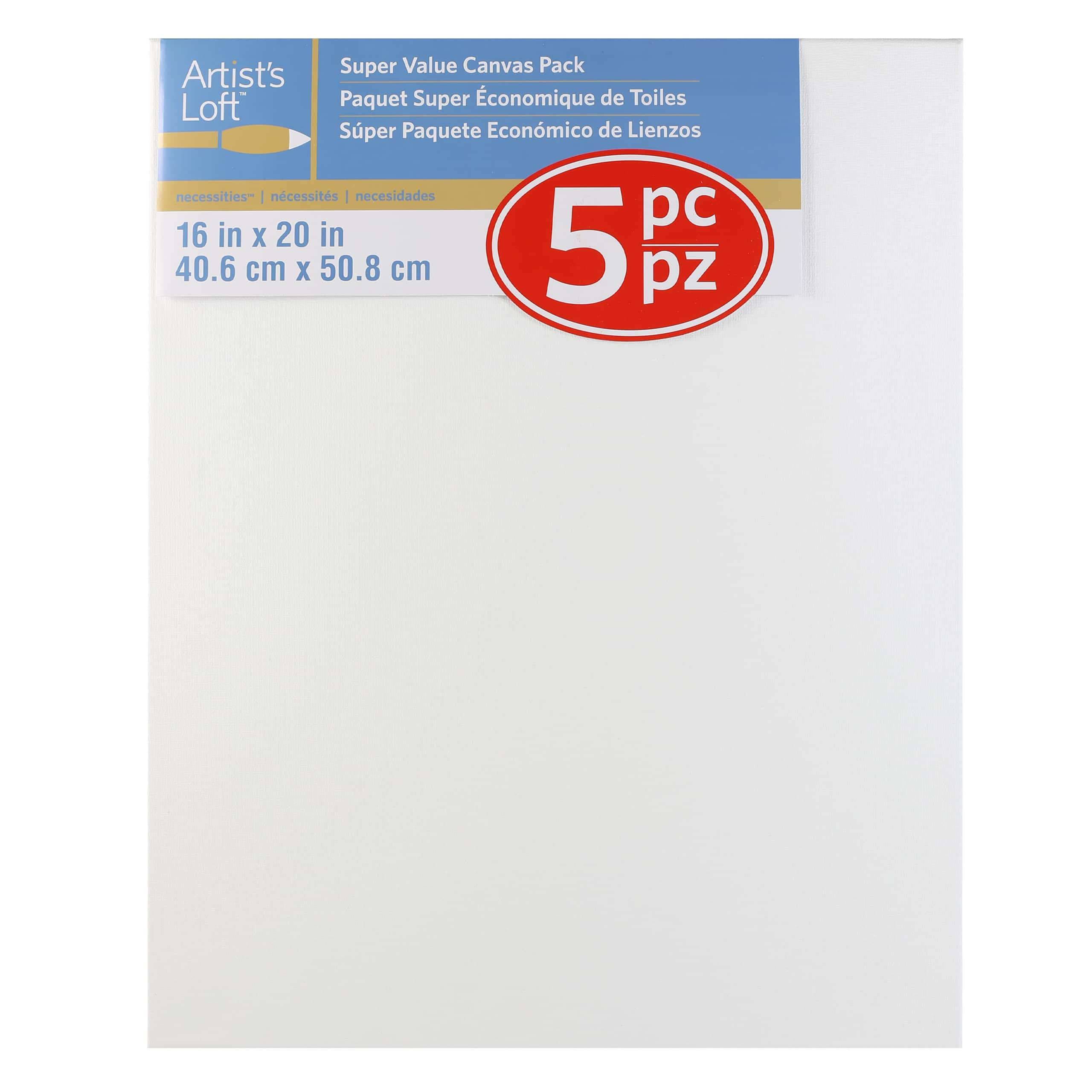 5 Count  16” x 20” Super Value Canvas by Artist's Loft - Acid Free Cotton Canvas for Paint - Acrylic - & Oils - 1 Pack