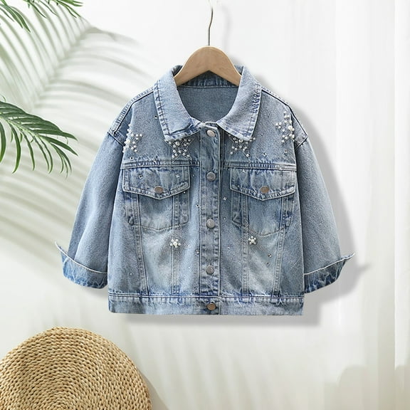 LIJCC Kid Girls Pearls Denim Jacket 3/4 Sleeve Button Down Pearl Jean Jacket Boyfriend Long Denim Coat Cropped Rhinestones Jean Jackets Trucker Coat