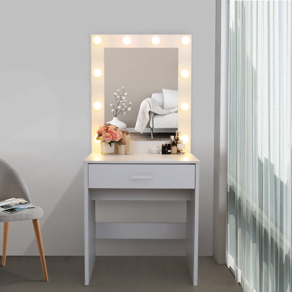 Lowestbest Make Up Table, Single Drawer Dresser with Light Cannon and Large Mirror, White, Warm Light Lowestbest Make Up Table, Single Drawer Dresser with Light Cannon and Large Mirror, White, Warm Light
